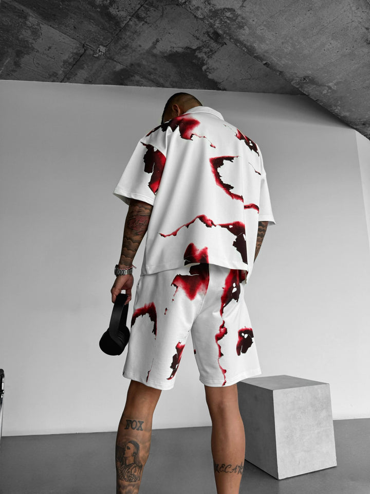 Oversize Burned Paper Shorts - White and Red