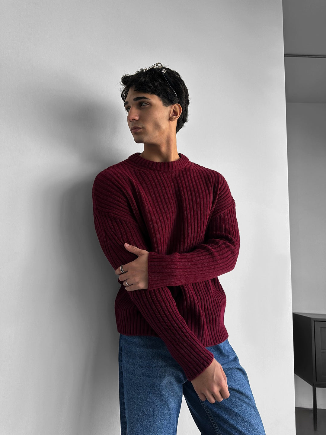 Loose Fit Striped Structure Pullover - Bordeaux