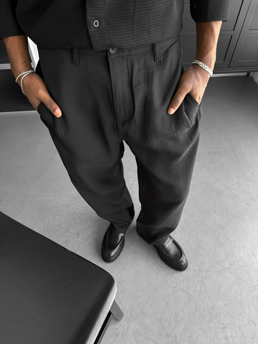 Loose Fit Cotton Trousers - Black