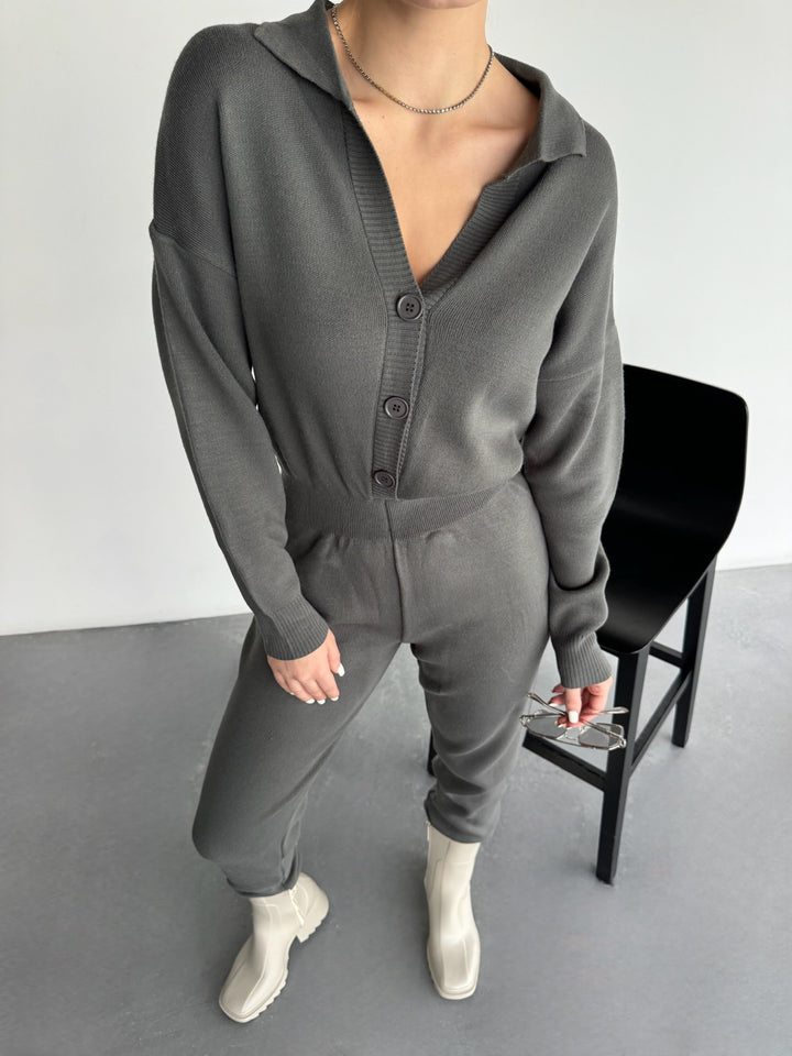 Long Arm Knit Jumpsuit - Anthracite