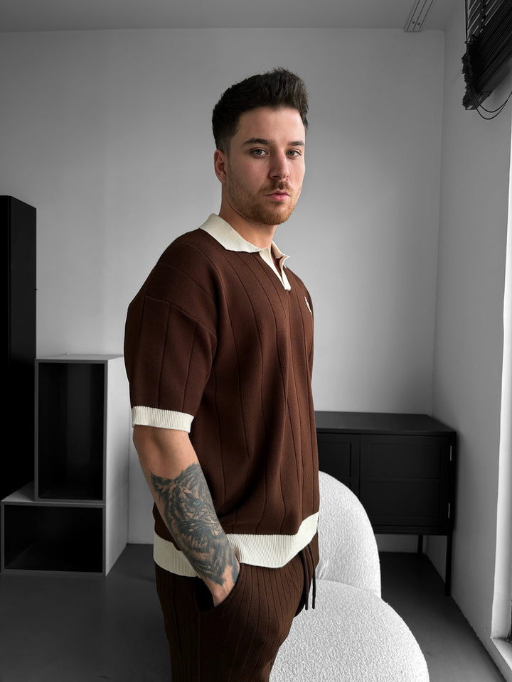 Loose Fit Embroidered Polo T-shirt - Brown