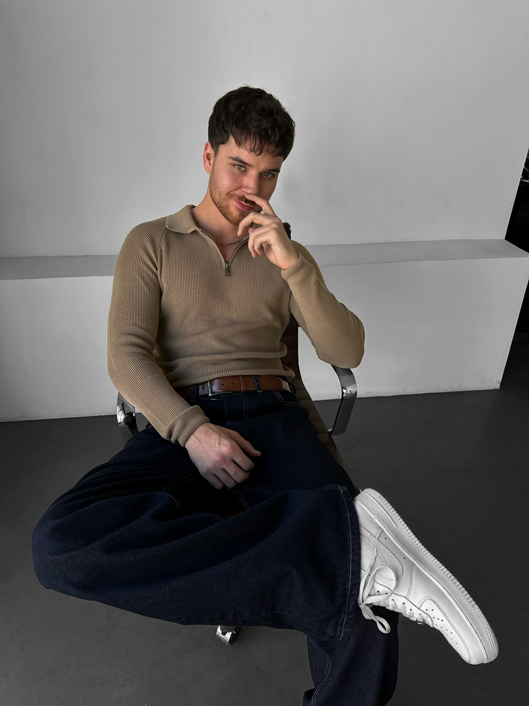 Slim Fit Knit Zipper Polo Sweater - Camel