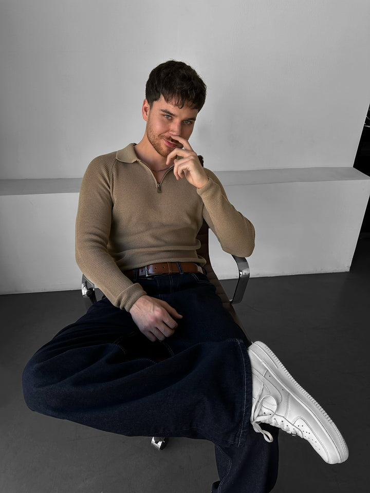 Slim Fit Knit Zipper Polo Sweater - Camel