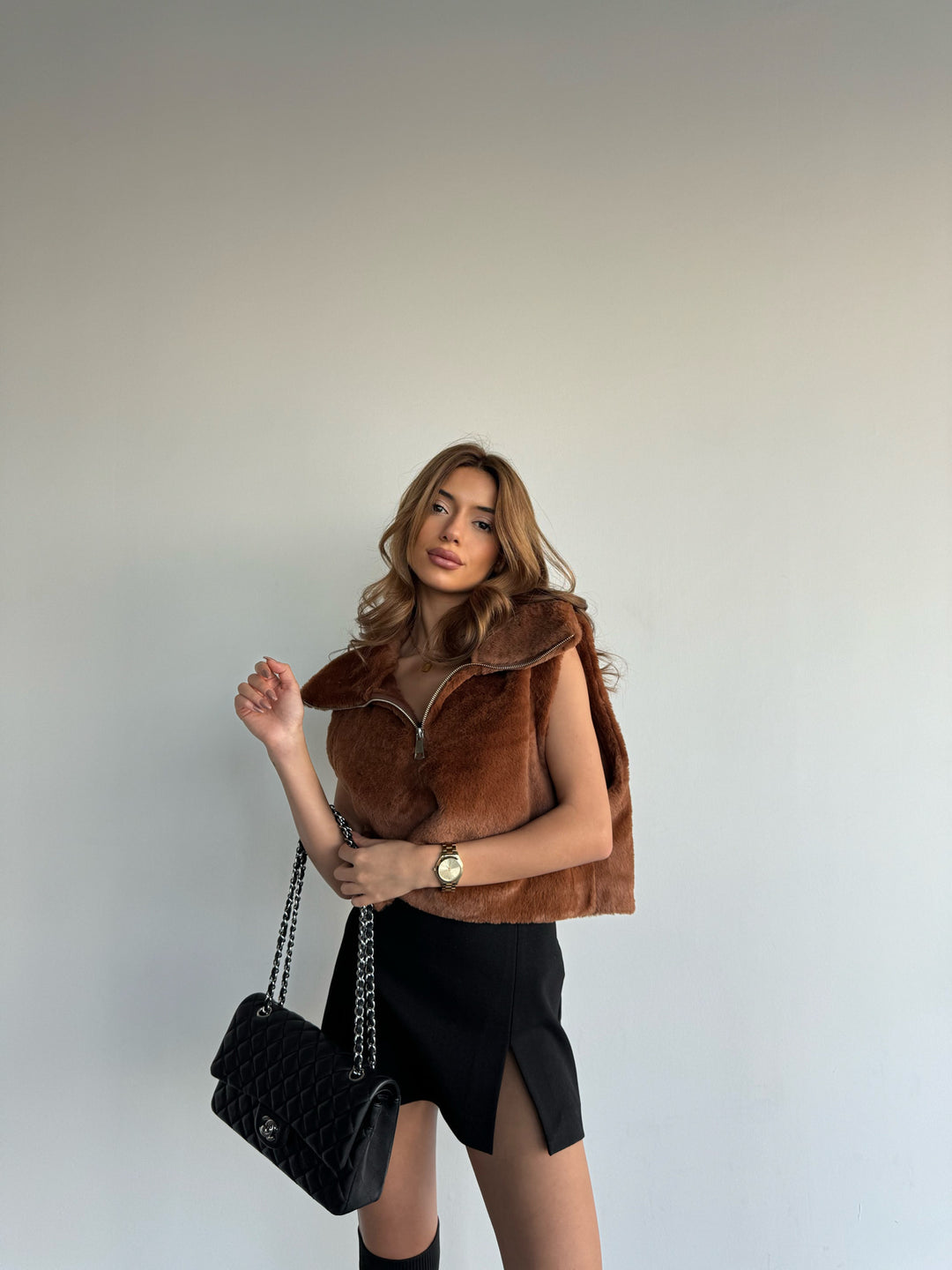 Faux Fur Vest with Zip - Coffee