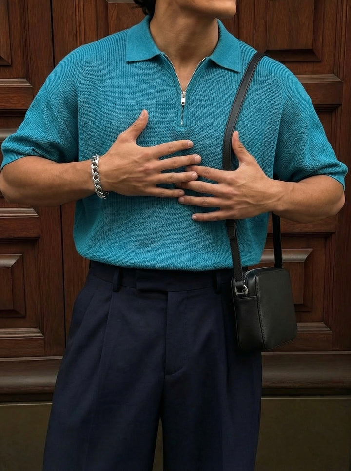 Oversize Zipper Knit Polo T-shirt - Blue