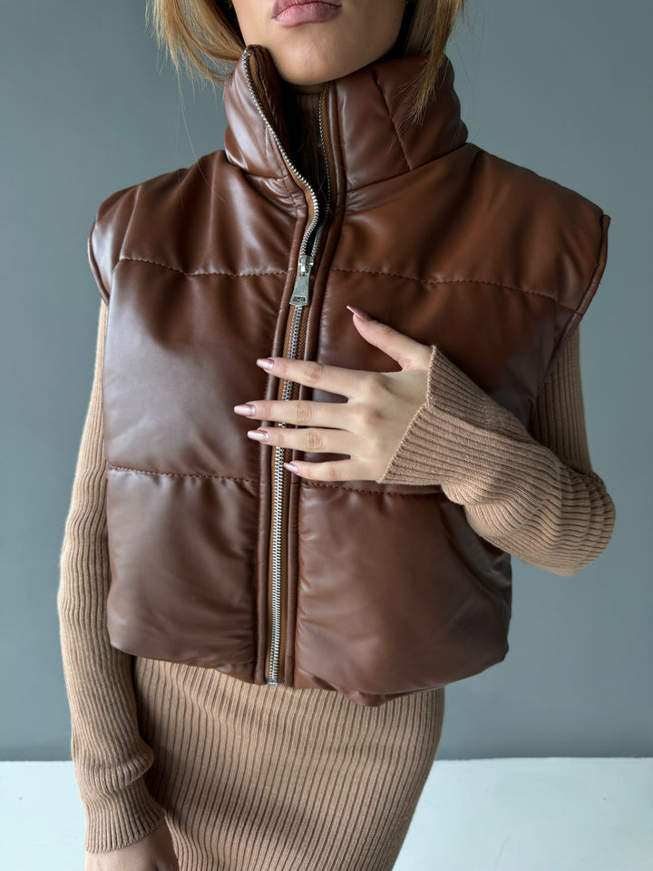 Puffer Leather Vest - Brown