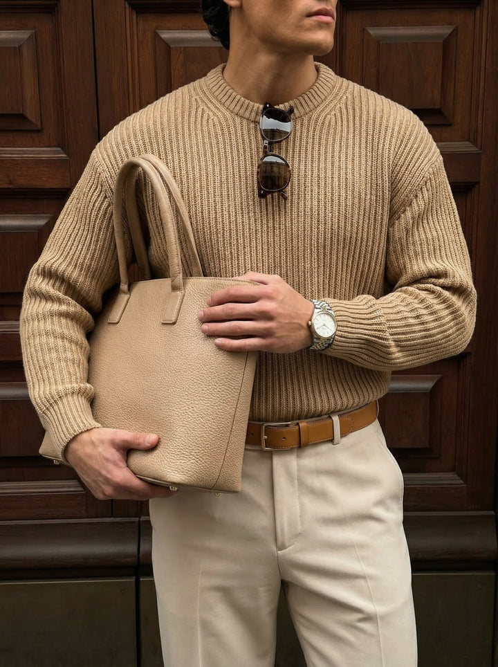 Loose Fit Striped Structure Pullover - Camel