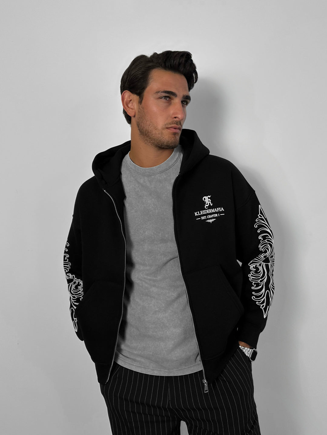 Oversize Motif Zipper Hoodie - Black