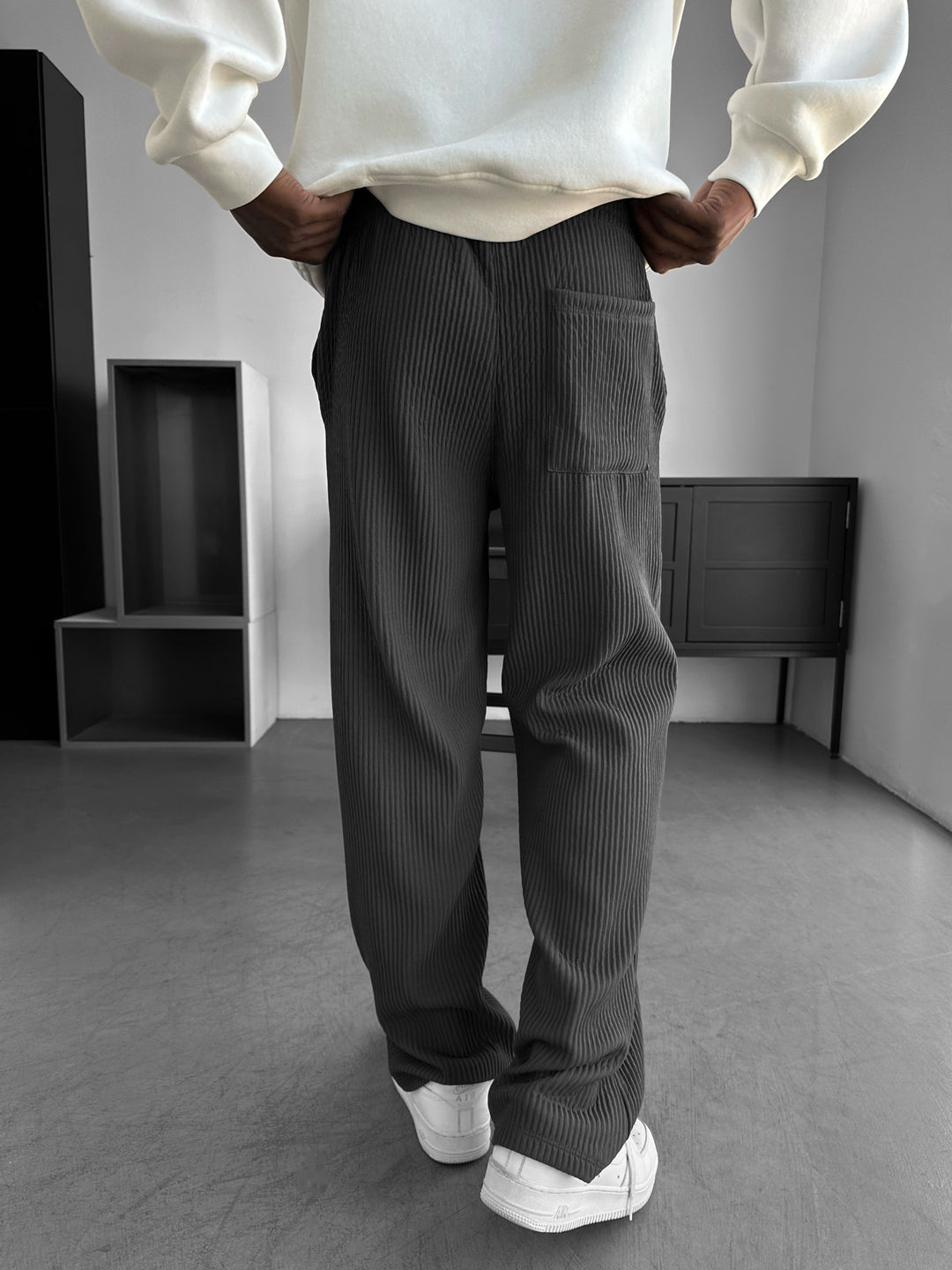 Loose Fit Ribbed Trousers - Anthracite