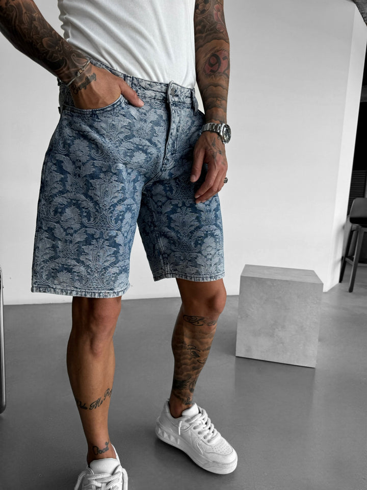 Loose Fit Damask Shorts - Blue