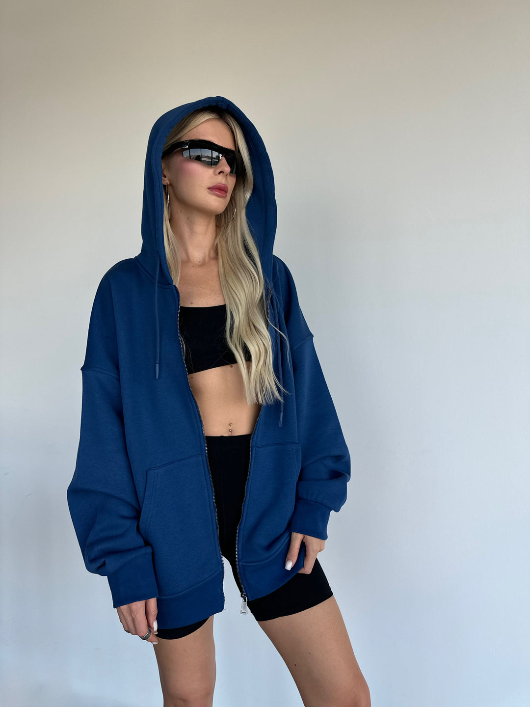 Oversize Basic Zipper Hoodie - Navy Poeny