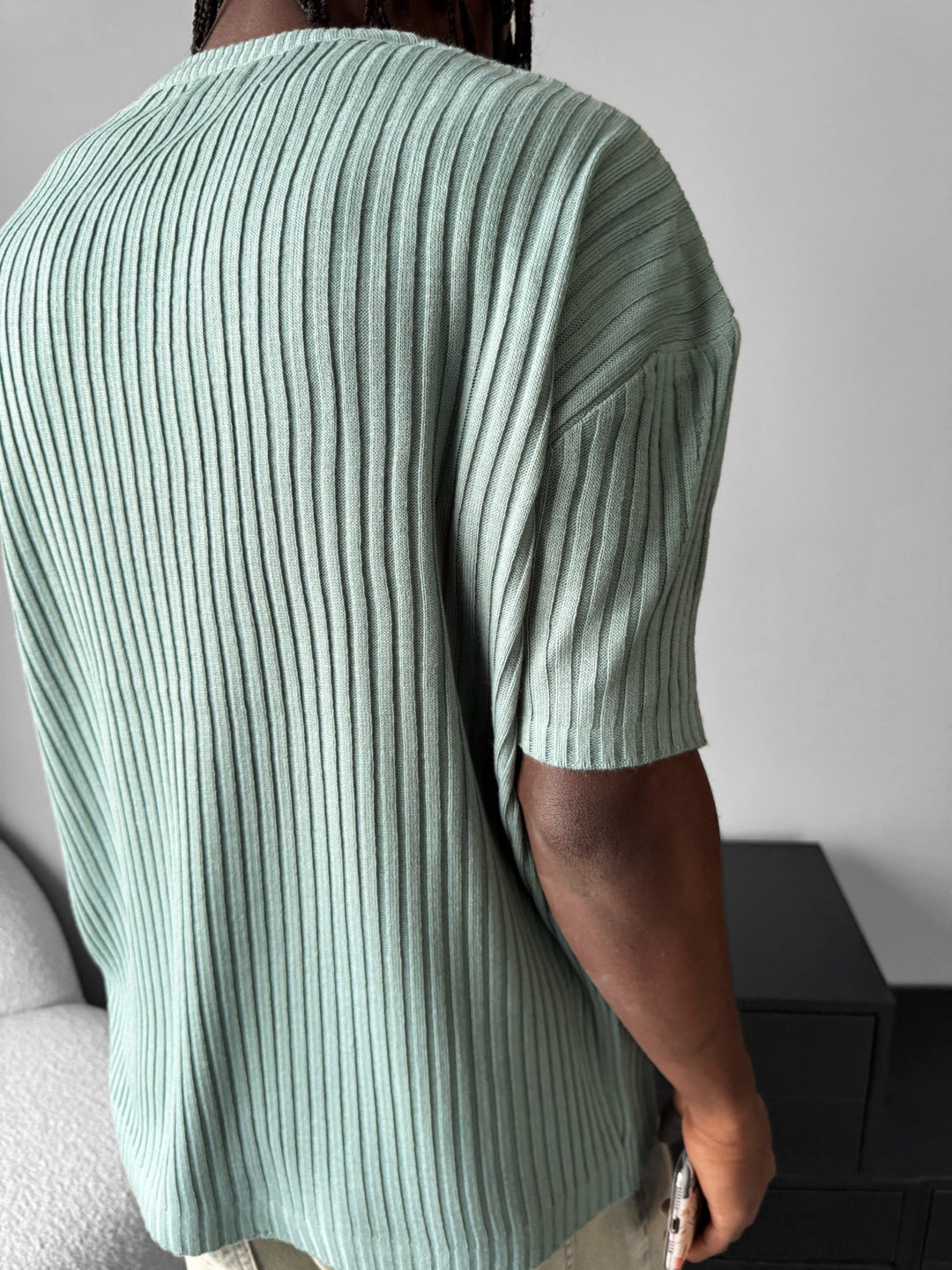 Loose Fit Ribbed Knit T-Shirt - Mint