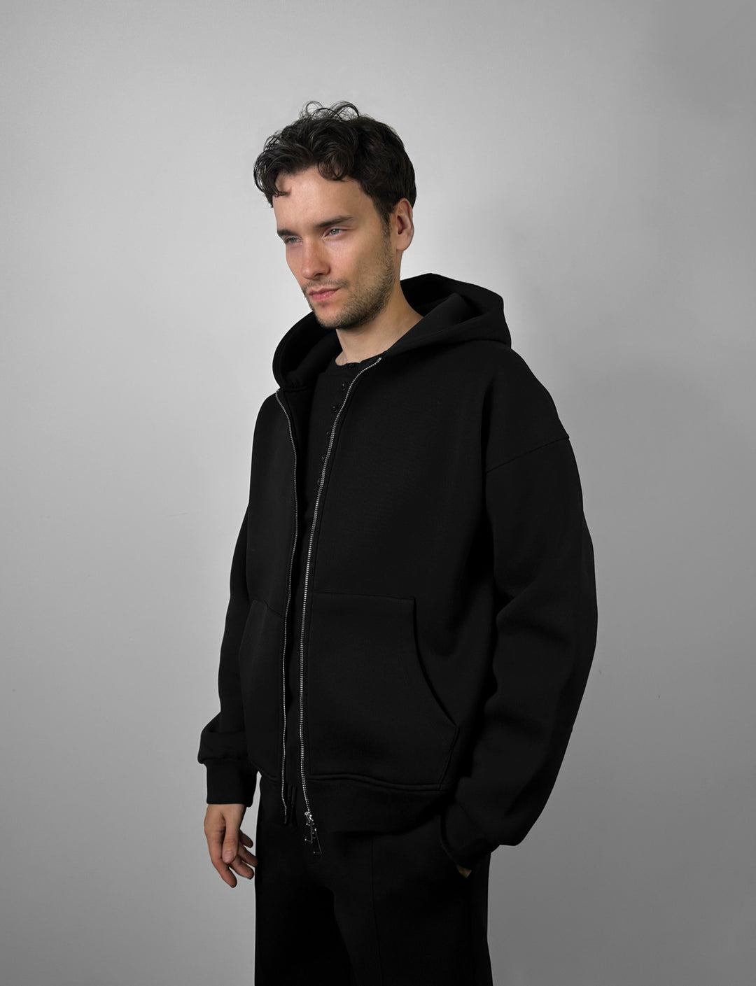 Loose Fit Double-Zip Hoodie - Black