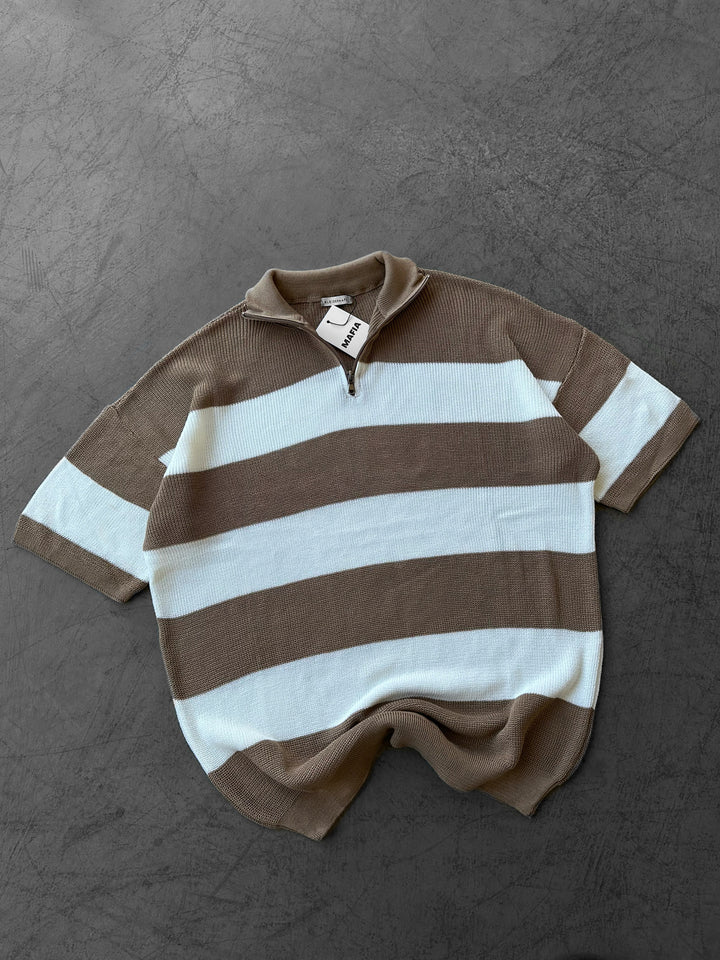 Regular Striped Knit T-shirt - Camel