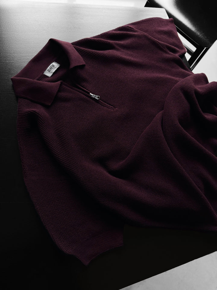 Oversize Zipper Knit Polo T-shirt - Plum