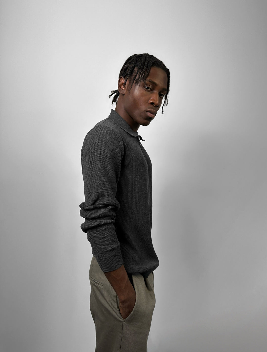 Loose Fit Polo Knit Sweater - Anthracite