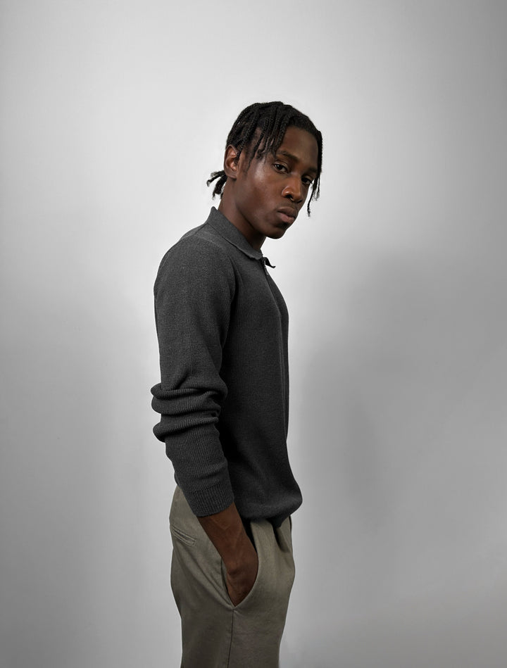 Loose Fit Polo Knit Sweater - Anthracite