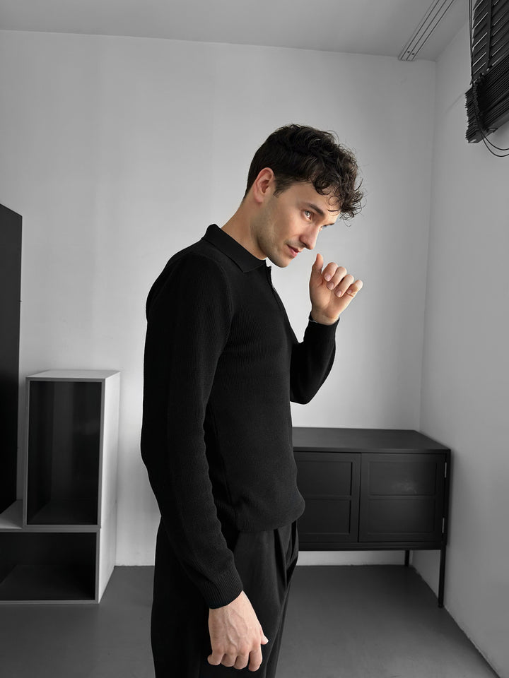 Loose Fit Polo Knit Sweater - Black