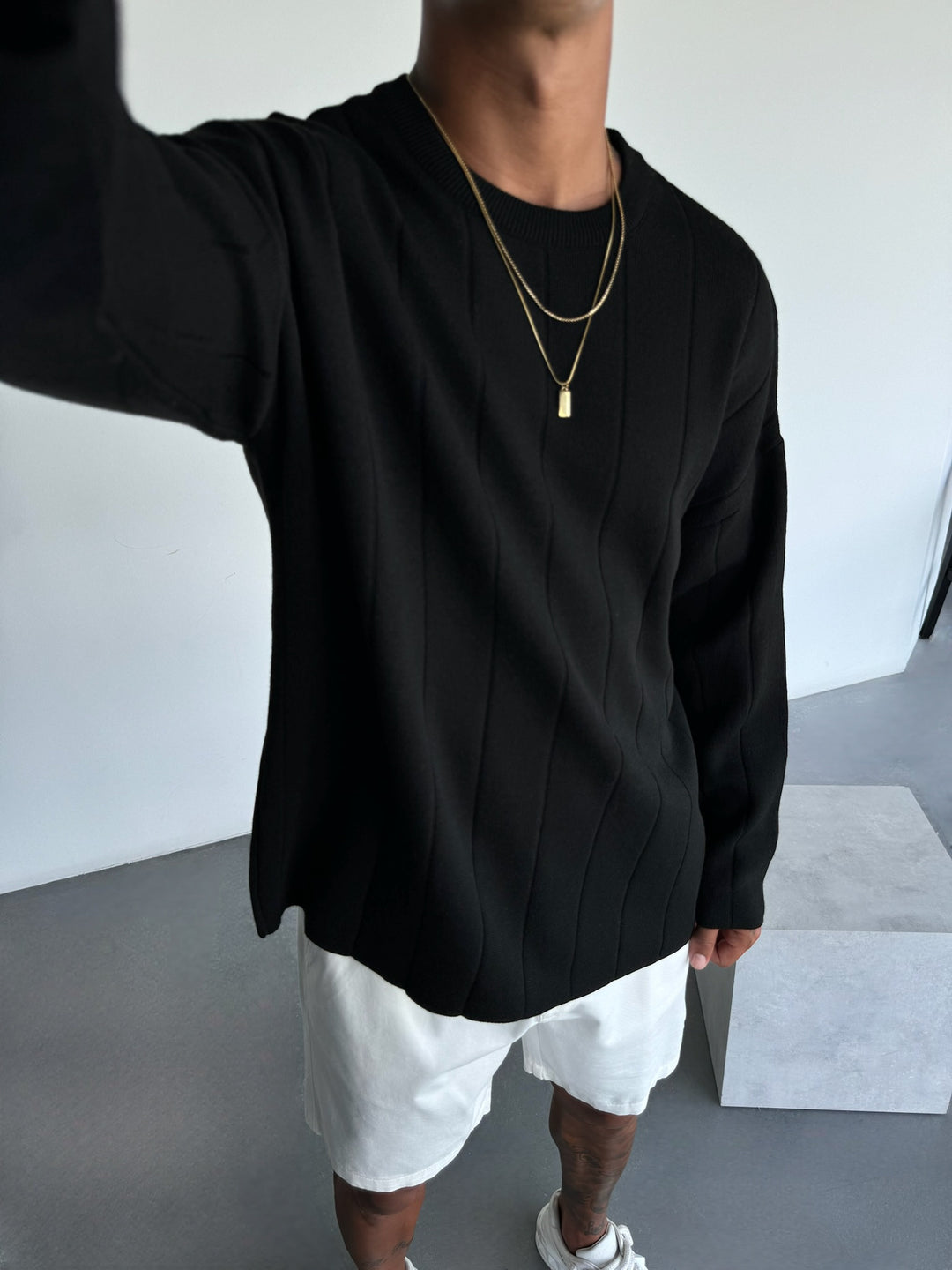 Oversize Lines Knit Sweatshirt - Black