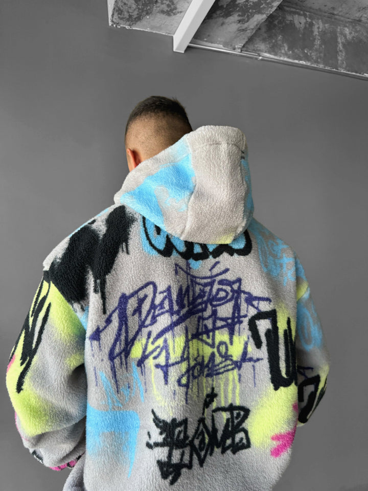 Oversize Graffity Plush Zipper Hoodie - Grey