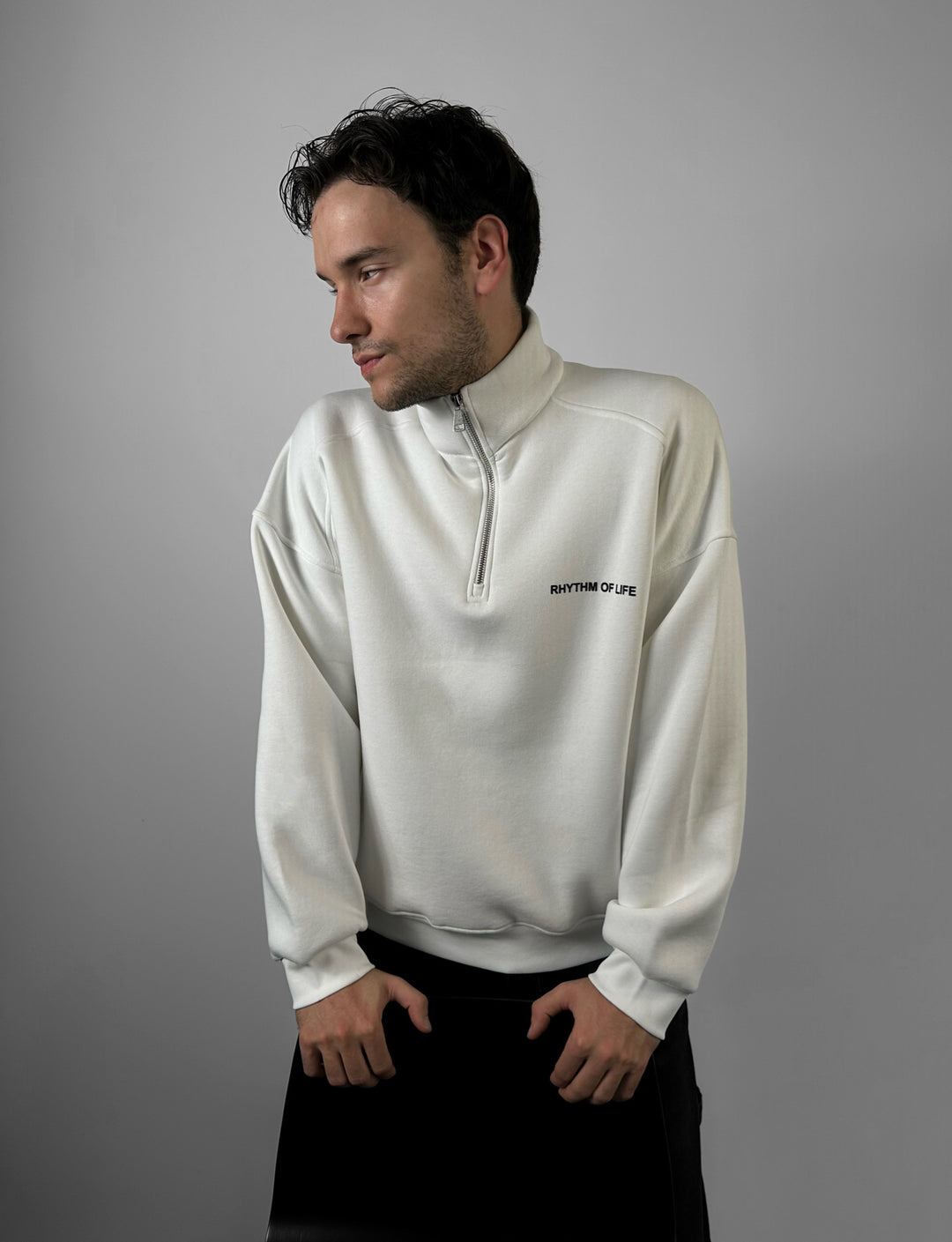 Oversize Half-Zip Motto Sweatshirt - Ecru