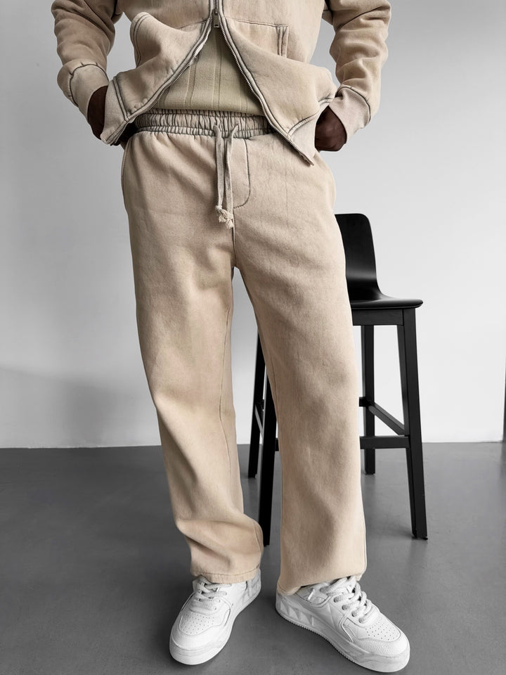 Loose Fit Washed Zipper Trousers - Stone