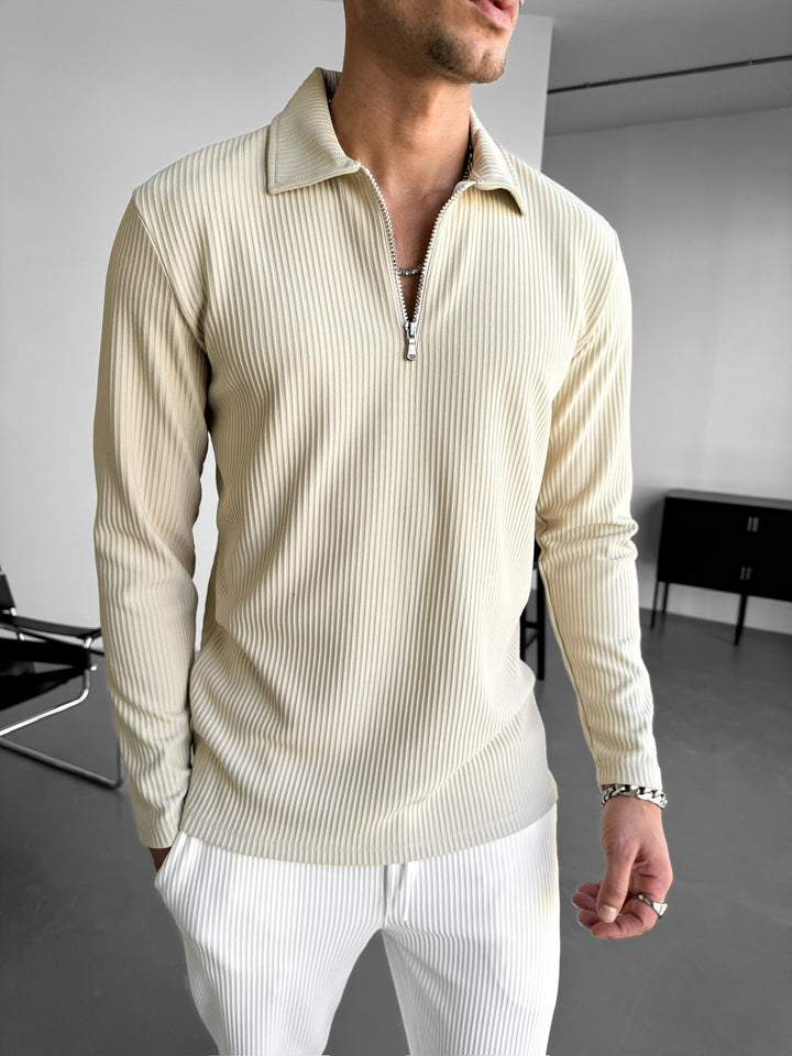 Loose Fit Zipper Polo Sweatshirt - Beige