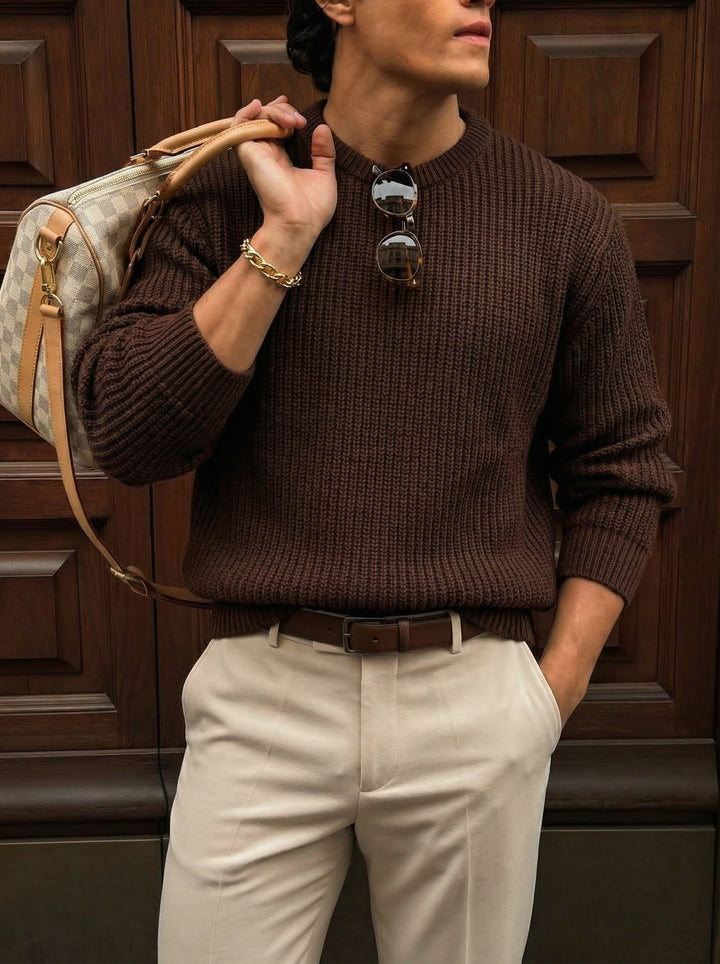 Oversize Structured Knit Sweater - Dark Brown