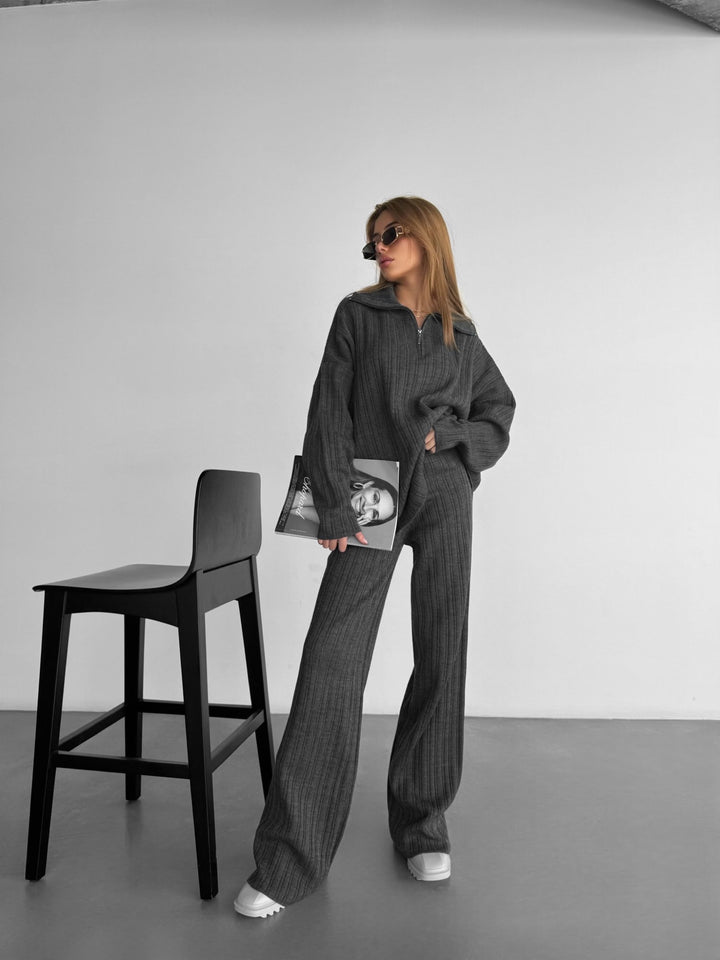 Wide Leg Knit Trousers - Anthracite