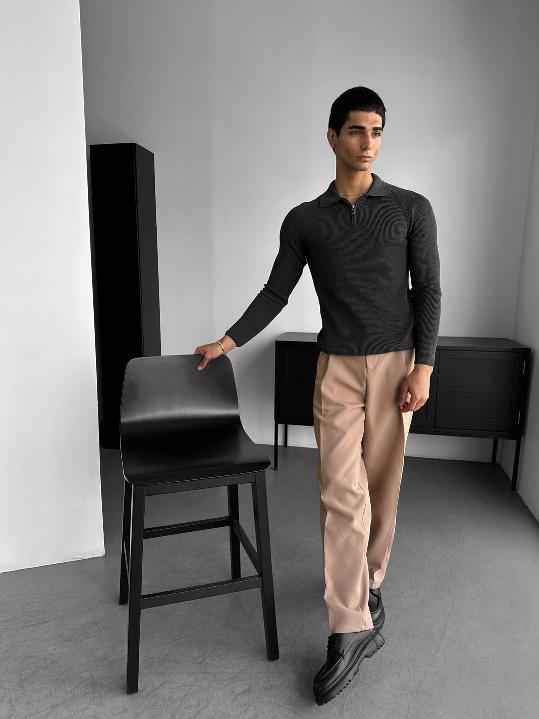 Slim Fit Knit Zipper Polo Sweater - Anthracite