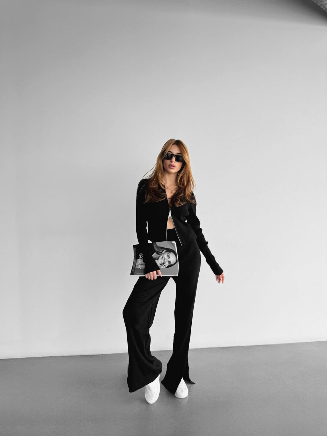 Wide Leg Knit Trouser With Split - Black