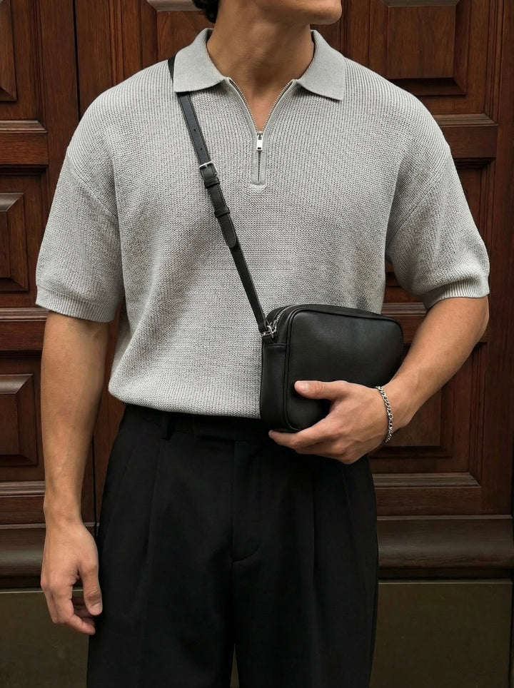Oversize Zipper Knit Polo T-shirt - Grey
