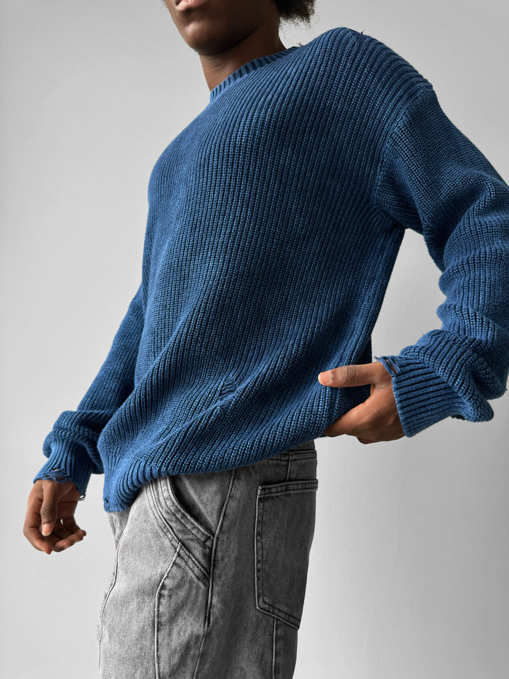 Loose Fit Knit Torn Sweater - Indigo