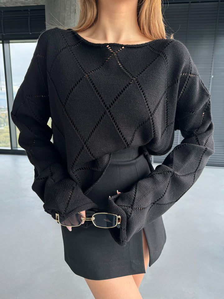 Oversize Textured Knit Sweater - Black