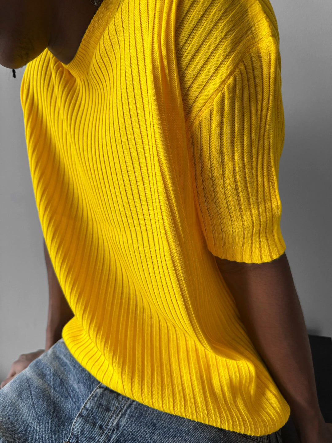 Loose Fit Ribbed Knit T-Shirt - Yellow