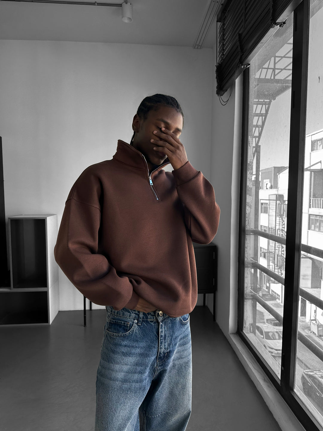 Oversize Half-Zip Polo Sweatshirt - Chocolate Brown