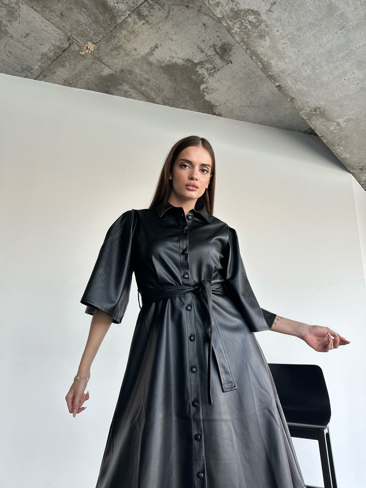 Leather Midi Dress - Black