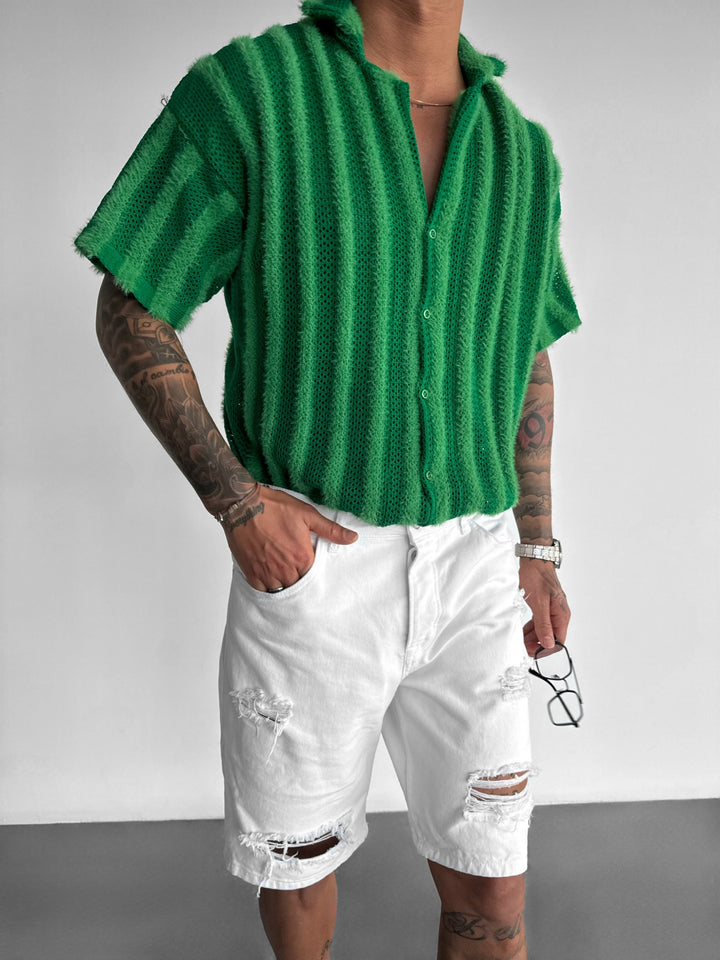 Oversize Hairy Lines Knit Shirt - Green