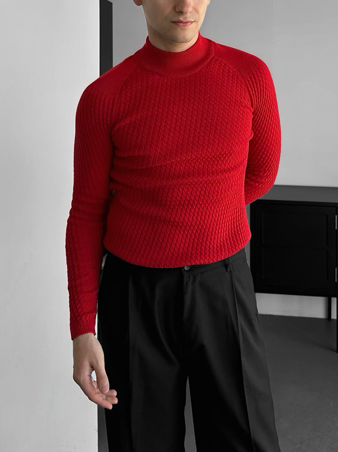 Slim Fit Mock Neck Knit Sweater - Red