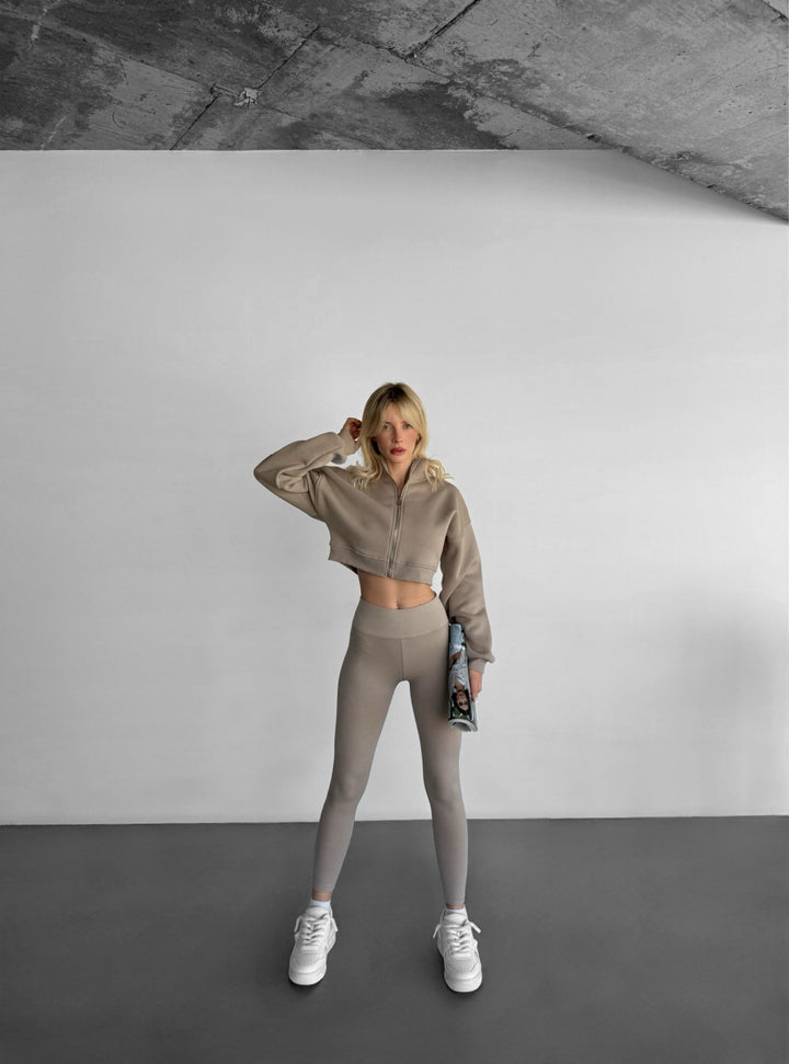 Short Women Zipper Pullover - Light Grey