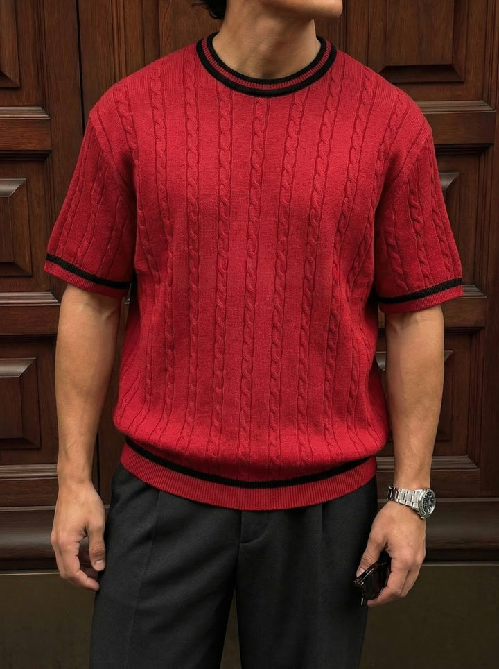 Regular Fit Braid Knit T-shirt - Bordeaux