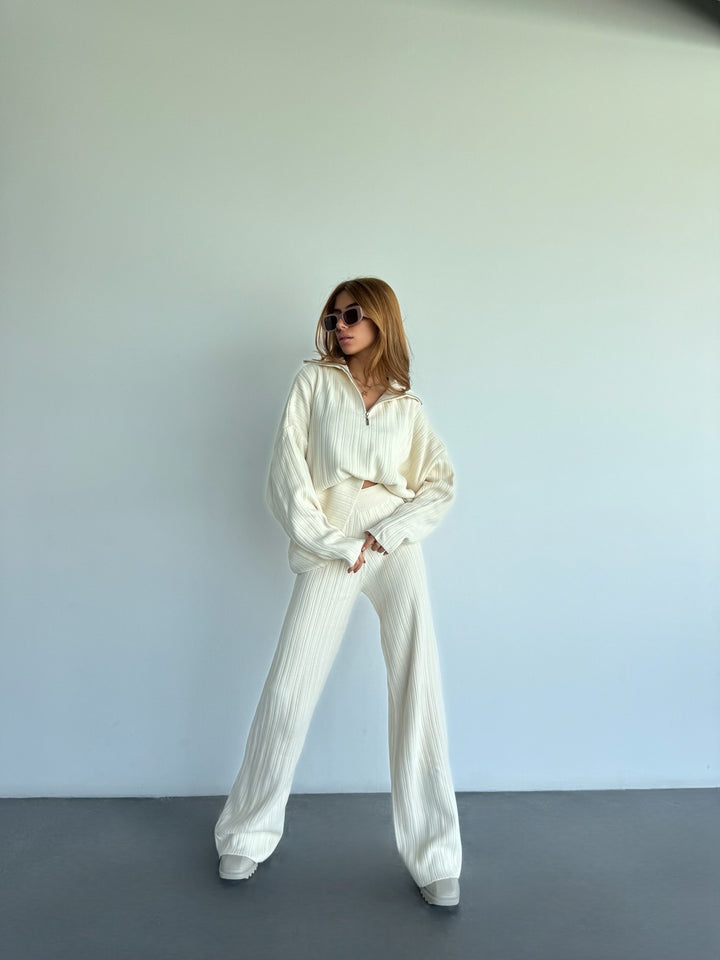 Wide Leg Knit Trousers - Bone