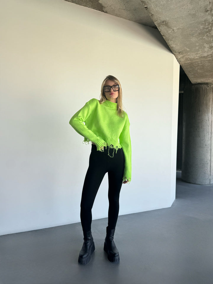 Half Collar Sweater With Fray - Apple Green