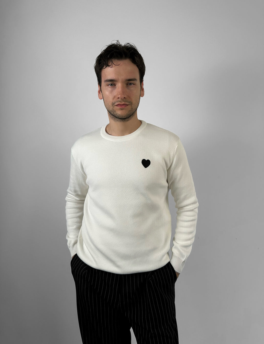 Regular Fit Heart Detail Thin Sweater - Ecru