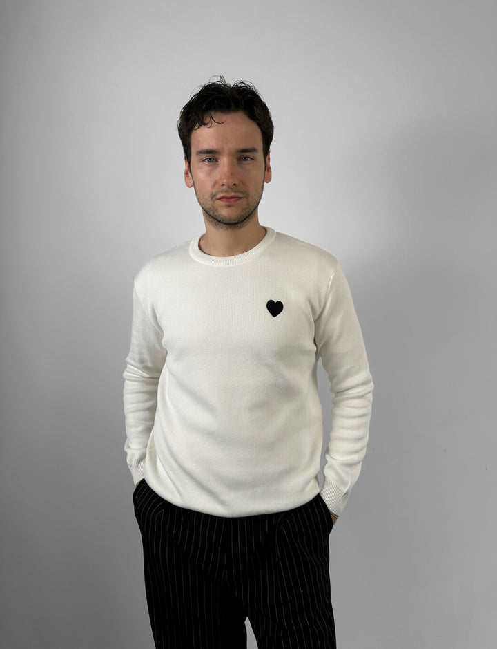 Regular Fit Heart Detail Thin Sweater - Ecru