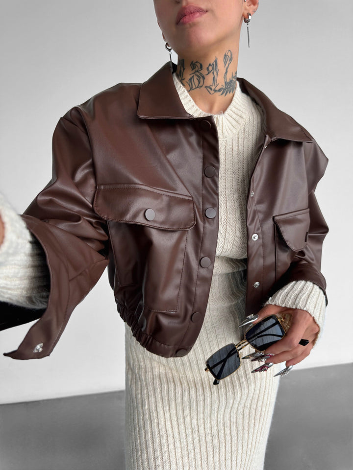 Short Leather Optik Jacket - Chocolate Brown