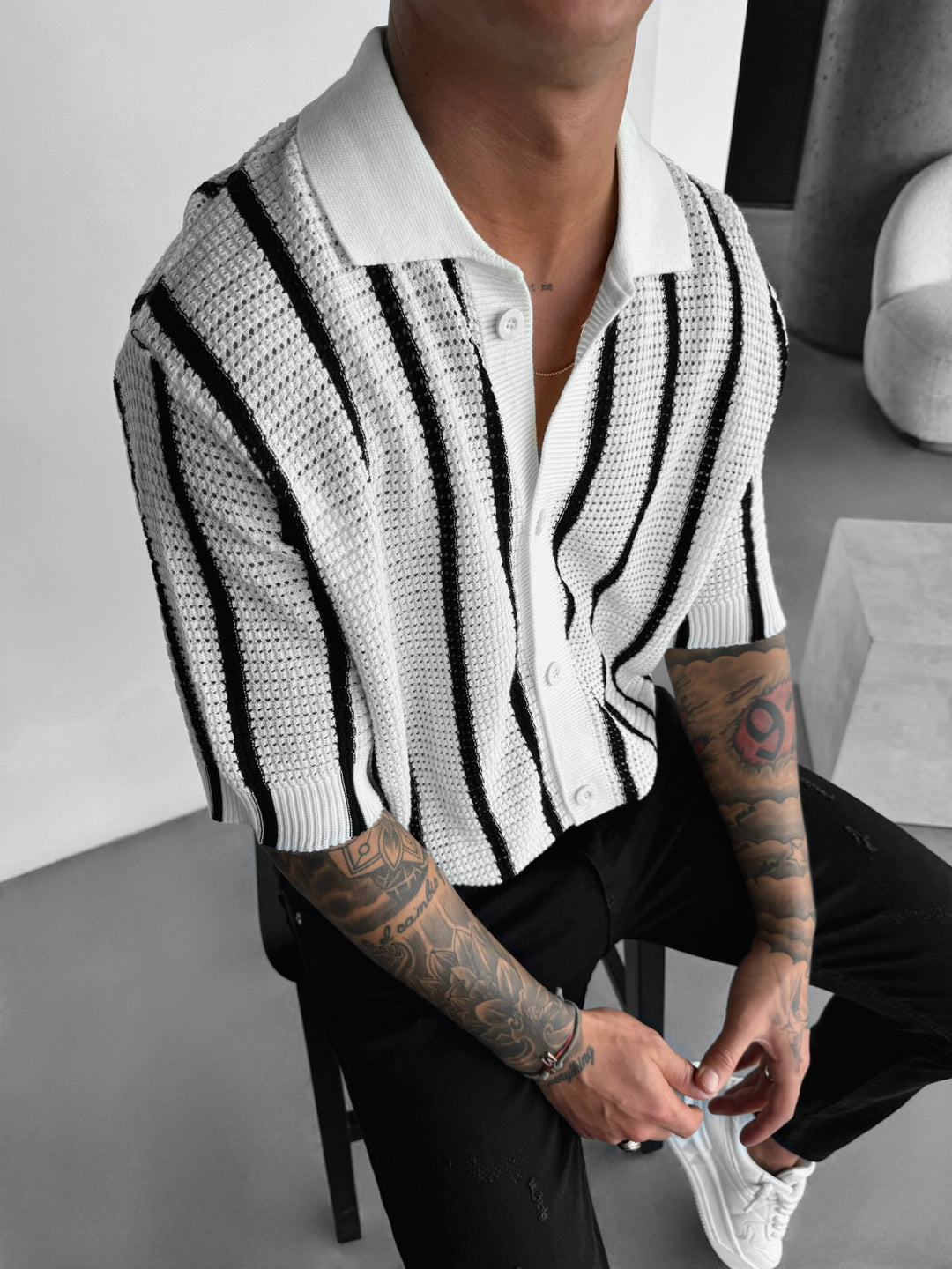 Oversize Knit Lines Shirt - Ecru and Black