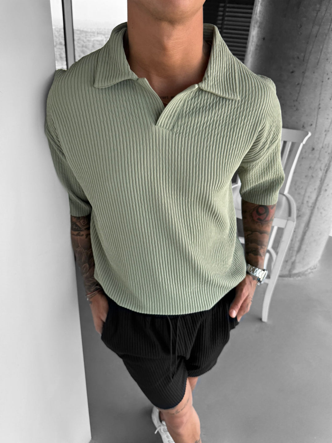 Oversize Ribbed Polo T-Shirt - Green