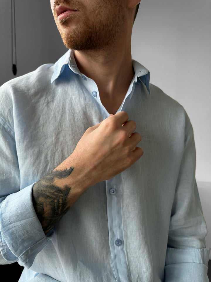 Regular Fit Long Arm Linen Shirt - Blue
