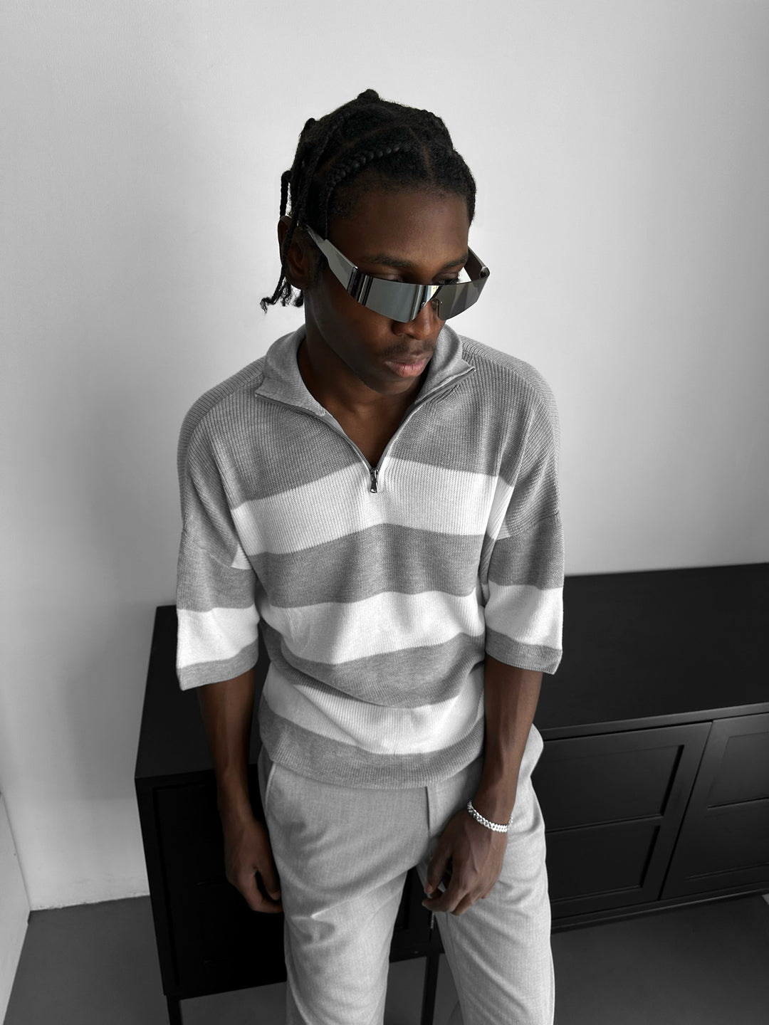 Regular Striped Knit T-shirt - Grey